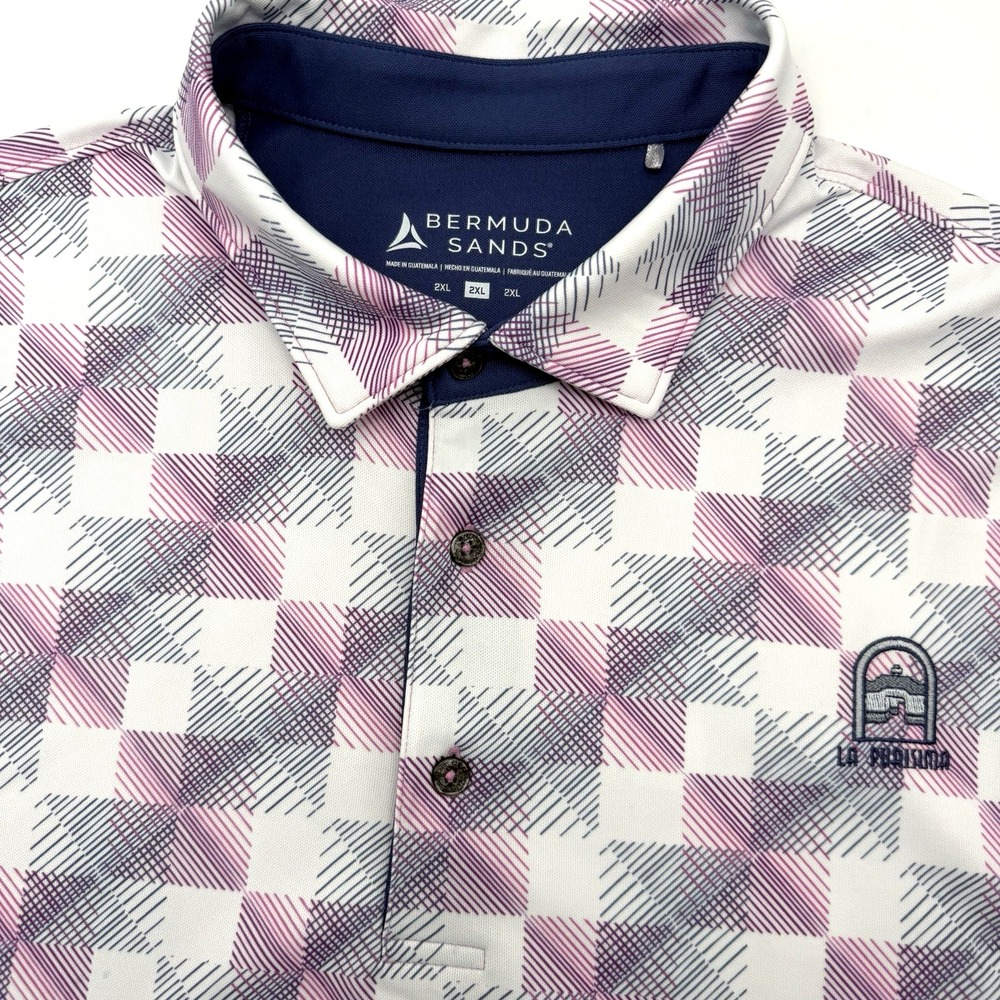 Bermuda Sands Polo Shirt Men 2XL White Purple La Purisima Geometric Performance